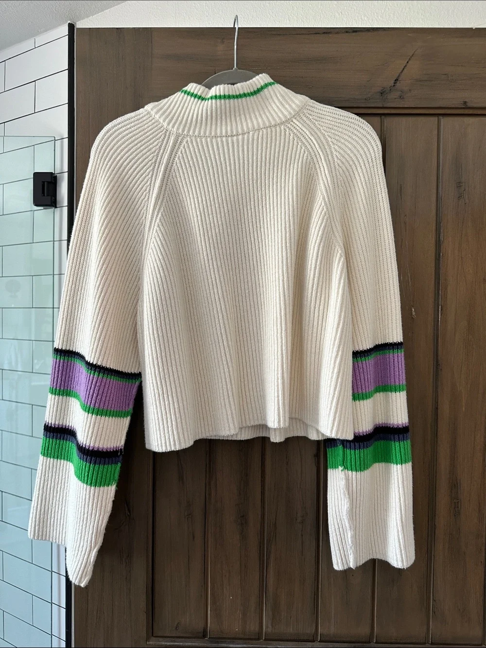 Free People Cream Half-Zip Knit Sweater with Green & Purple Stripes